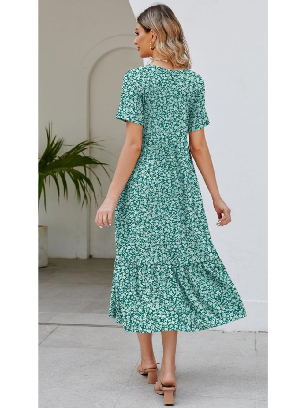 Women's Print Zink Sundress Short Sleeve Tiered Beach with Pockets Maxi Dress - Picture 4 of 5